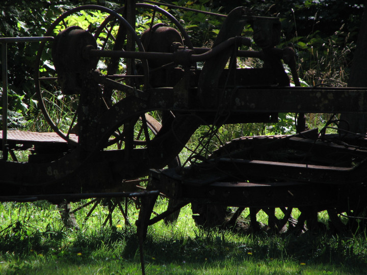 Photo of rusty machinery
                                          suburban landscape with fields
                                          in a forest setting