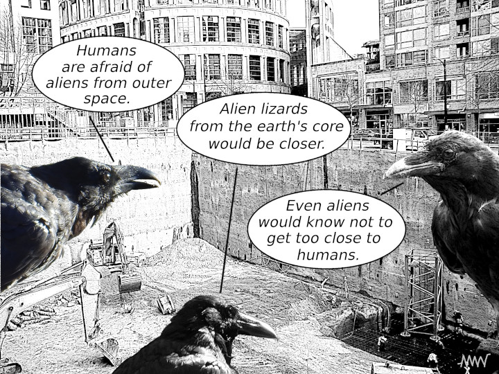 Cartoon
                                                          showing ravens
                                                          pigeons
                                                          realizing that
                                                          aliens
                                                          discussing the
                                                          would know to
                                                          stay well away
                                                          from humans