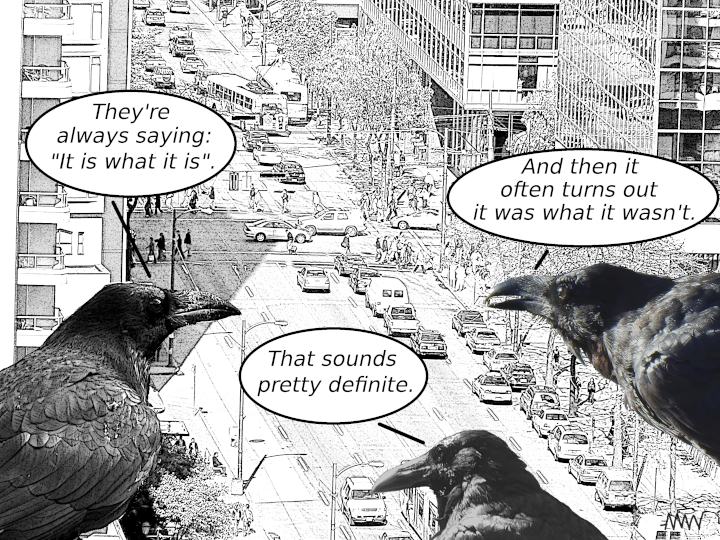Cartoon
                                                          showing ravens
                                                          trying to
                                                          figure out
                                                          what it means
                                                          to say it is
                                                          what it is