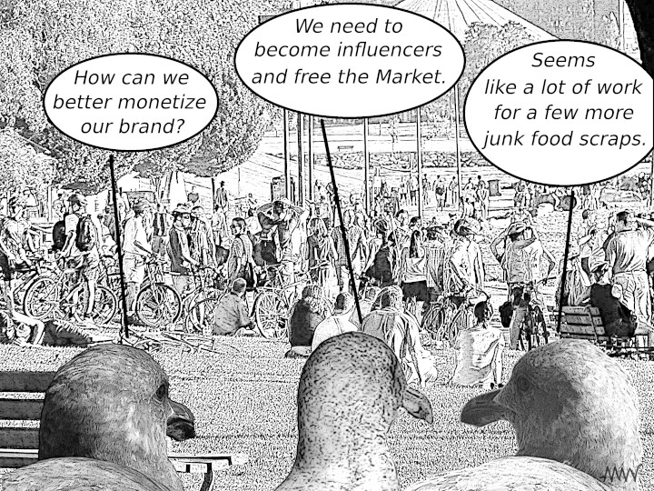 Cartoon
                                                          showing
                                                          seagulls
                                                          trying to
                                                          questioning
                                                          how what it
                                                          means to
                                                          monetize their
                                                          brand