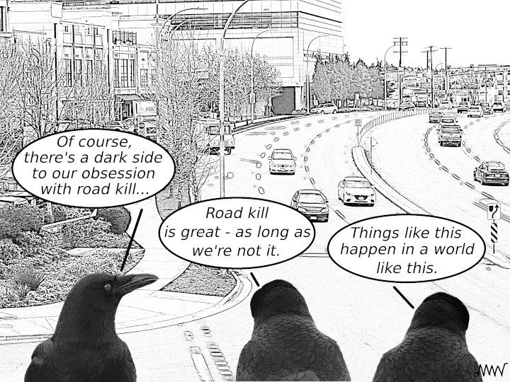 Cartoon crows discussing their
                                  obsession with road kill