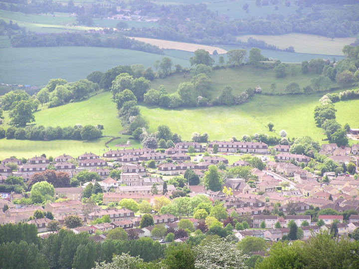 Photo of typical
          UK suburban landscape with fields in background