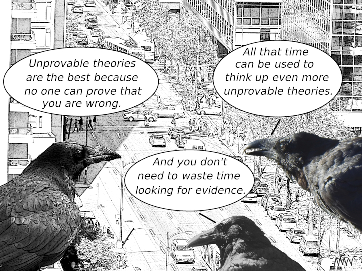 Cartoon showing ravens
                                            extolling the virtues of
                                            unprovable theories