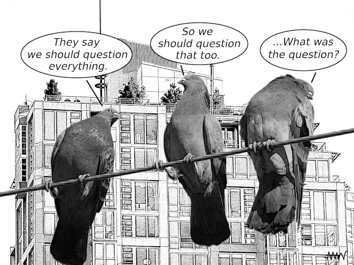 Cartoon
                                                          showing
                                                          pigeons on
                                                          wire asking
                                                          Squirrel how
                                                          to about the
                                                          question
                                                          everything
                                                          including
                                                          questioning
                                                          everything